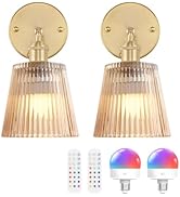 Shenmoyl Vintage Battery Operated Wall Sconce with Amber Stripe Glass Lampshade Rechargeable Batt...