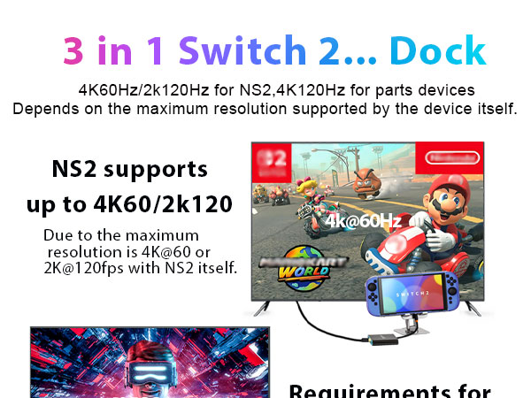 Switch 2 Dock HDMI2.1 Compatible for Nintendo Switch 2 Usbc to HDMI Adapter 4k120Hz