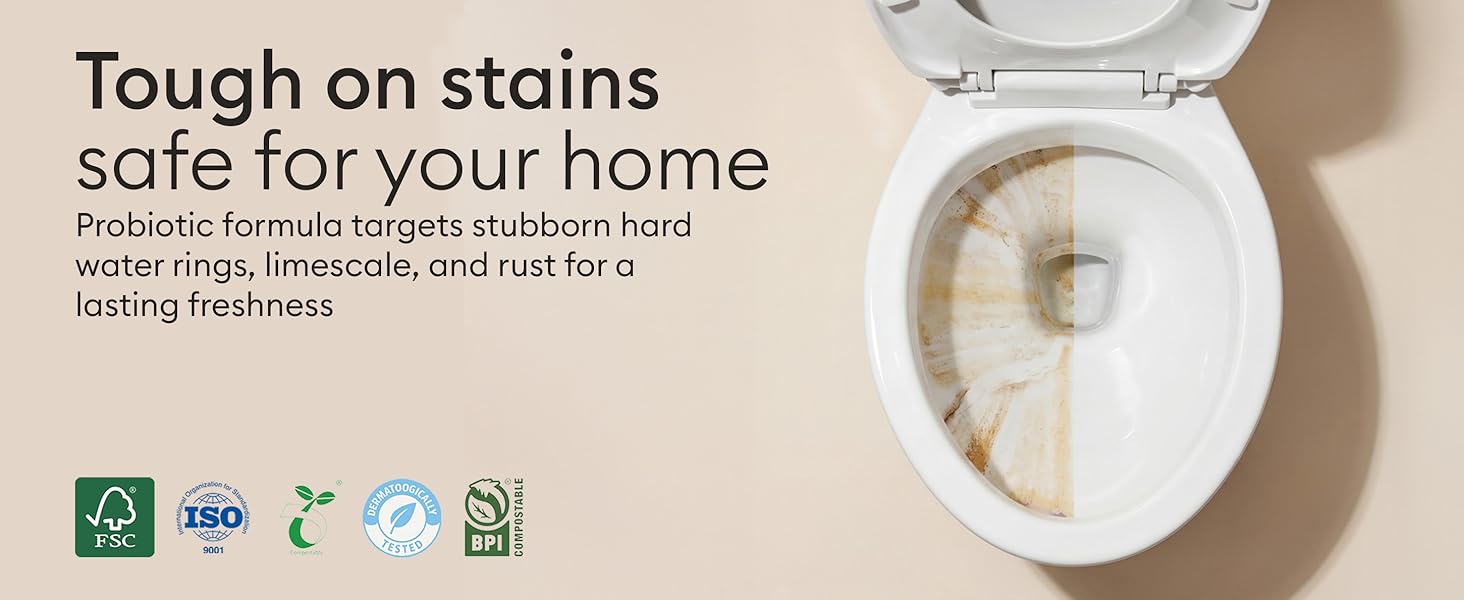 Text reads: 'tough on stains safe for your home'. Product image shows cleaning or household product packaging with environmental certification icons.