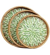 Set of 3 Rattan Tray with Mother of Pearl Inlay, Round Serving Trays for Coffee Table, Decorative...
