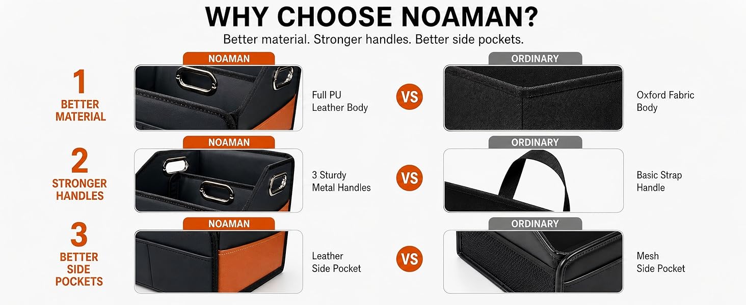 PU leather car organizer box with metal handles and side pockets for SUV seat storage
