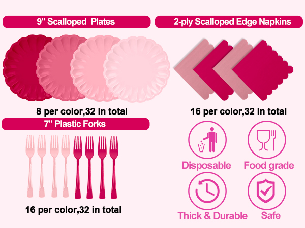 9" Gradient pink Birthday Dessert Paper Plates and Napkins and forks
