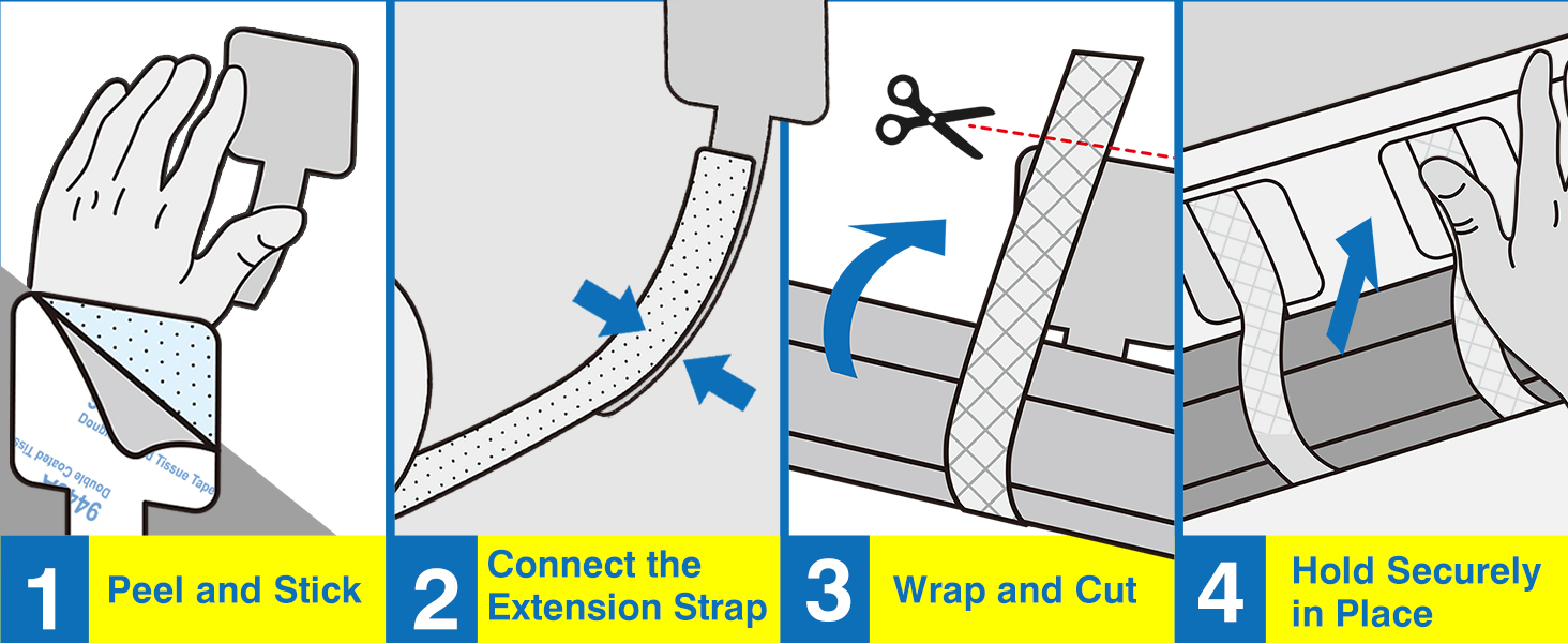 Text reads '1 Peel and Stick 2 Extension Strap 3 Wrap and Cut 4 Hold Securely in Place'. Instructional diagram showing four steps of product application process with blue arrows and illustrations.