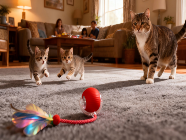Three kittens chasing interactive red ball toy on living room carpet with family in background