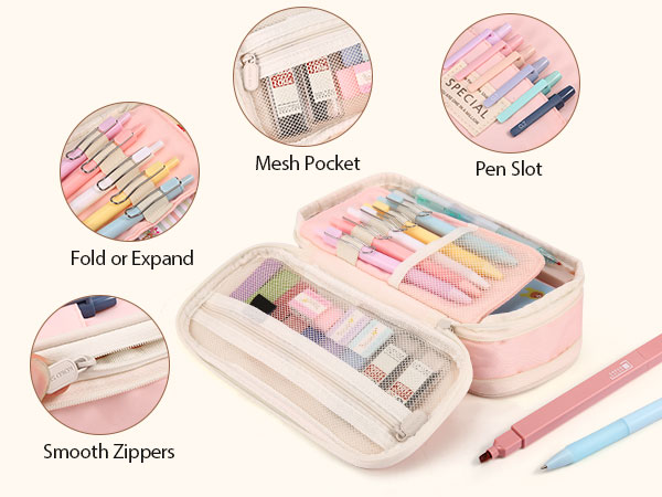 Pink pencil case with expandable compartments, mesh pockets, pen slots, and smooth zippers. Contains colorful pens and pencils. Multiple views show interior and exterior features.