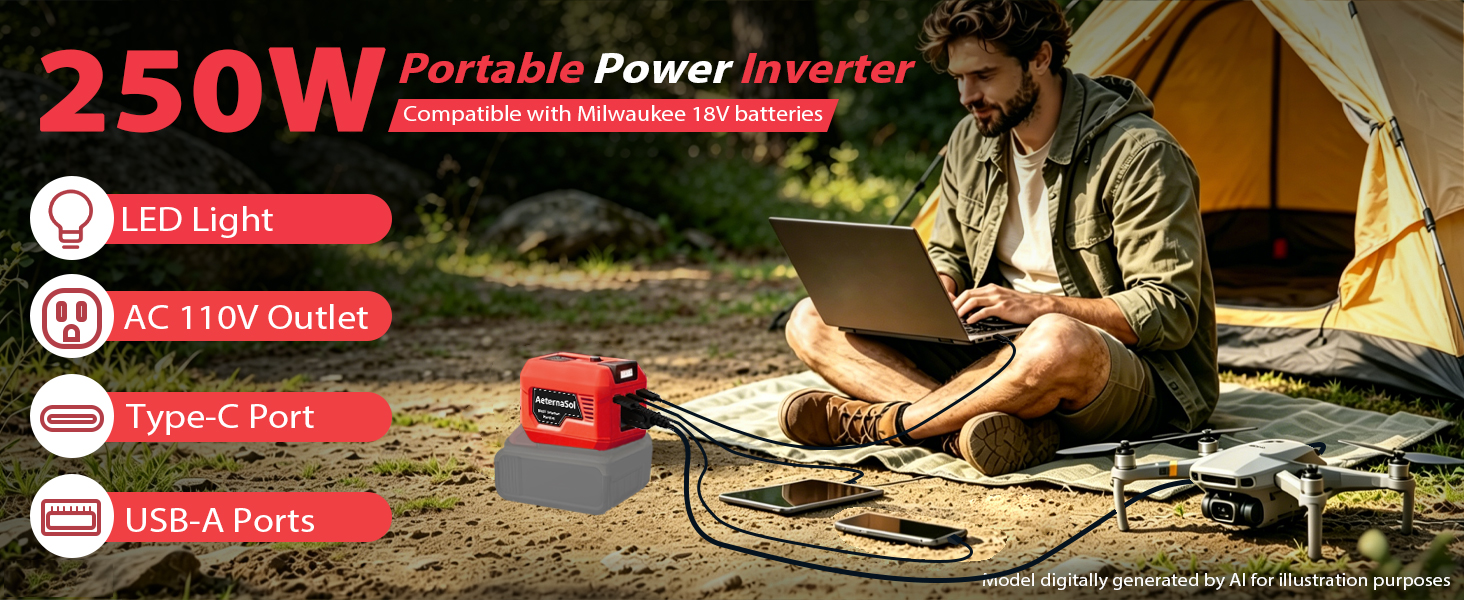 250W power Invetrer for Milwaukee 18V Battery