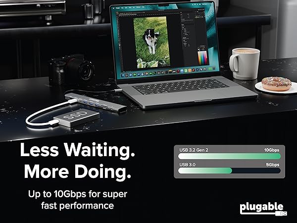 USB C hub for Mac with SSD and laptop, Less Waiting. More Doing and 10Gbps