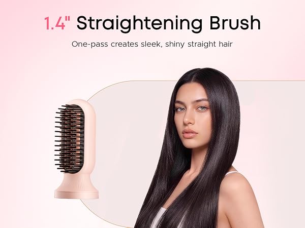 Female model with long straight hair and a straightening brush