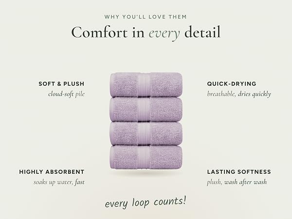 Lilac hand towels stack, cloud-soft plush absorbent towel, dries quickly, lasting softness