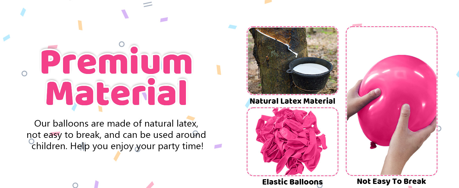 Product material information display showing 'Premium Material' text in pink, with balloon-related material samples and specifications.