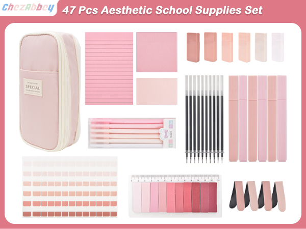 Aesthetic School Supplies with Pencil Pouch - 47Pcs Cute College Essentials Set