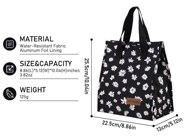 Product specifications for floral tote bag. Text reads 'MATERIAL: Water-Resistant Fabric, Aluminum Foil Lining', 'SIZE&CAPACITY: 22.5cm/8.86
