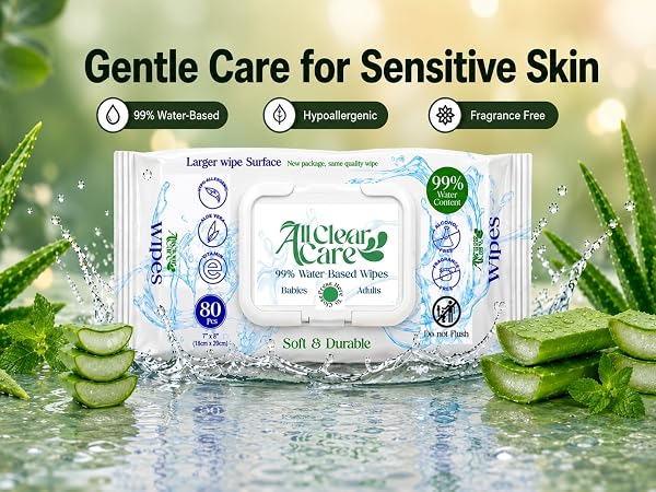 Gentle care for sensitive skin. 99% water wipes, hypoallergenic and unscented fragrance free