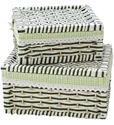 QINGTUHOME Woven Paper Rope Storage Baskets with Lids Set of 2 | Small Green Wicker Shelf Bins wi...