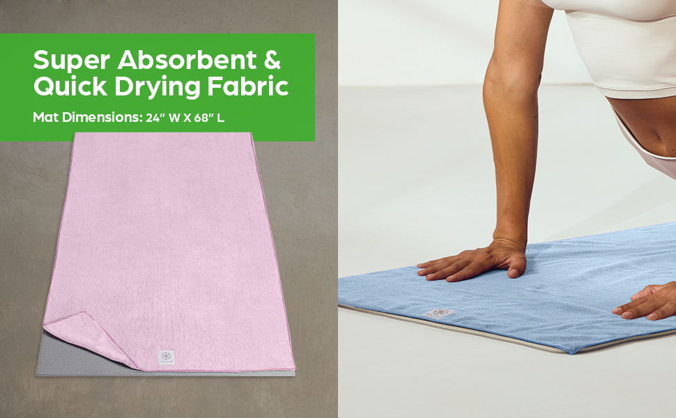 Pink yoga mat towel with dimensions shown and close-up of absorbent microfiber texture