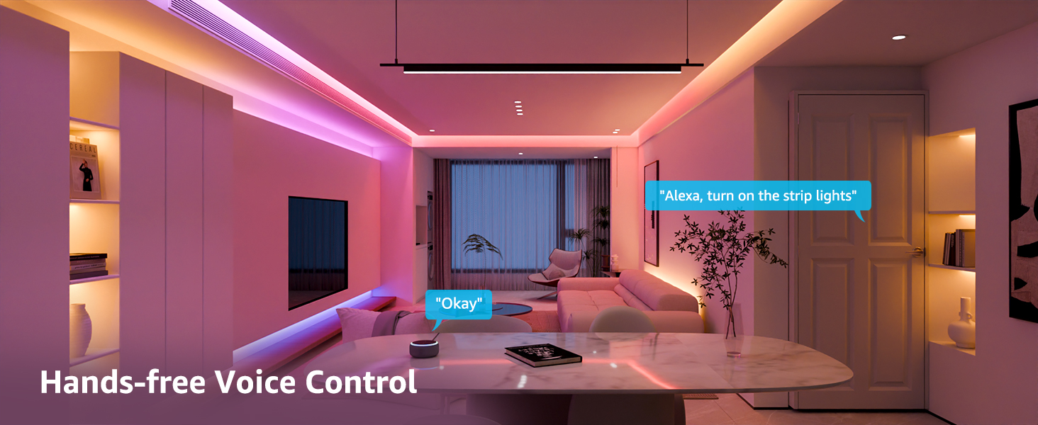Text reads 'Hands-free Voice Control'. Contemporary living space with pink and blue LED ambient lighting showing smart home lighting control.