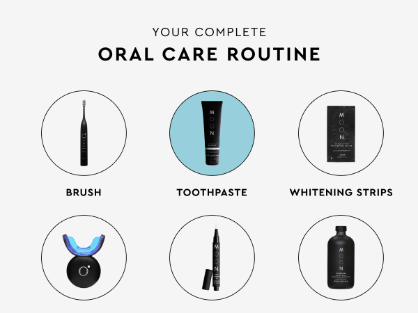your complete oral care routine, toothbrush, toothpaste, whitening strips, device, pen, mouth rinse