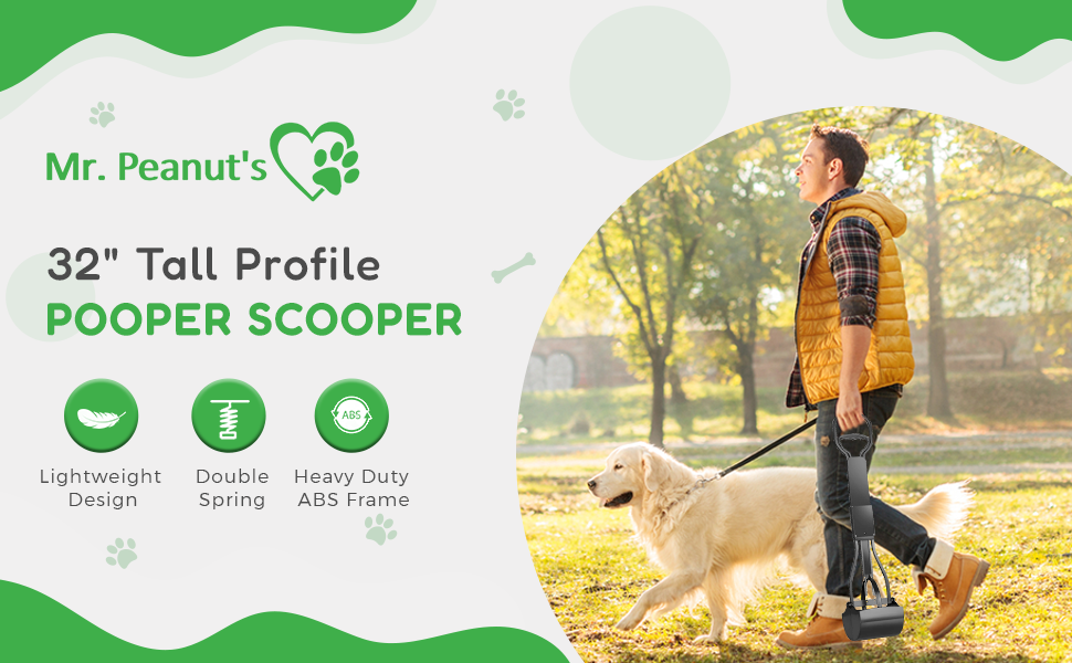 32" Tall Profile Pooper Scooper, Heavy Duty ABS Frame & Bin, Durable Double Spring Clamp