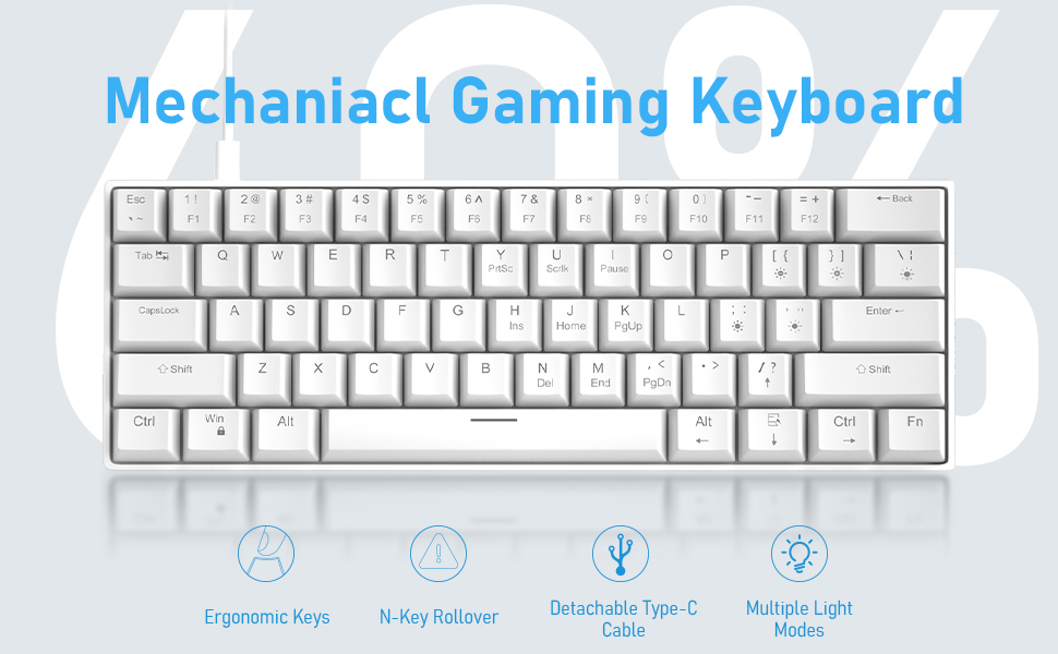 white mechanical mini 60% keyboard with powder blue backlit