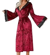 RONGTAI Velvet Robe for Women Long Soft Lace Bathrobe Sexy Nightgown V Neck with Belt Sleepwear S-L