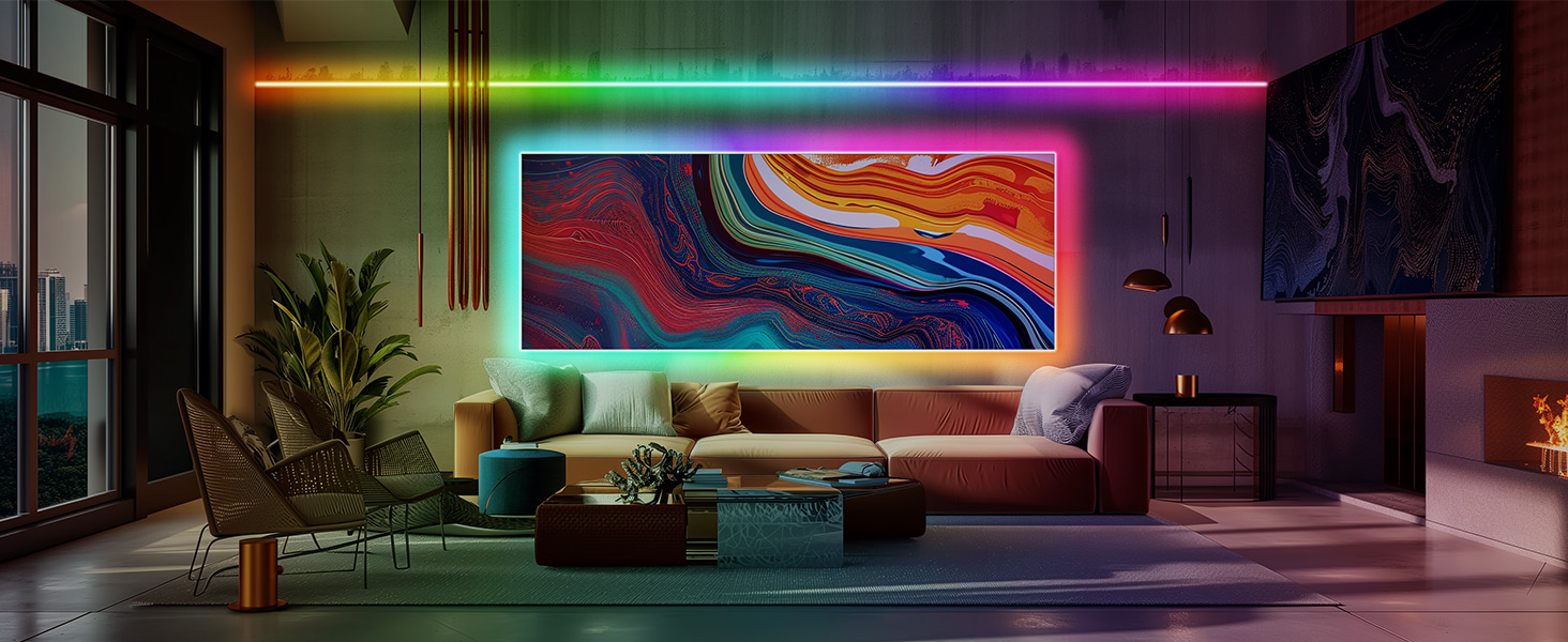 Modern living room with large colorful abstract art on wall. Multicolored LED lighting creates vibrant atmosphere. Couch, plants, and side tables visible.