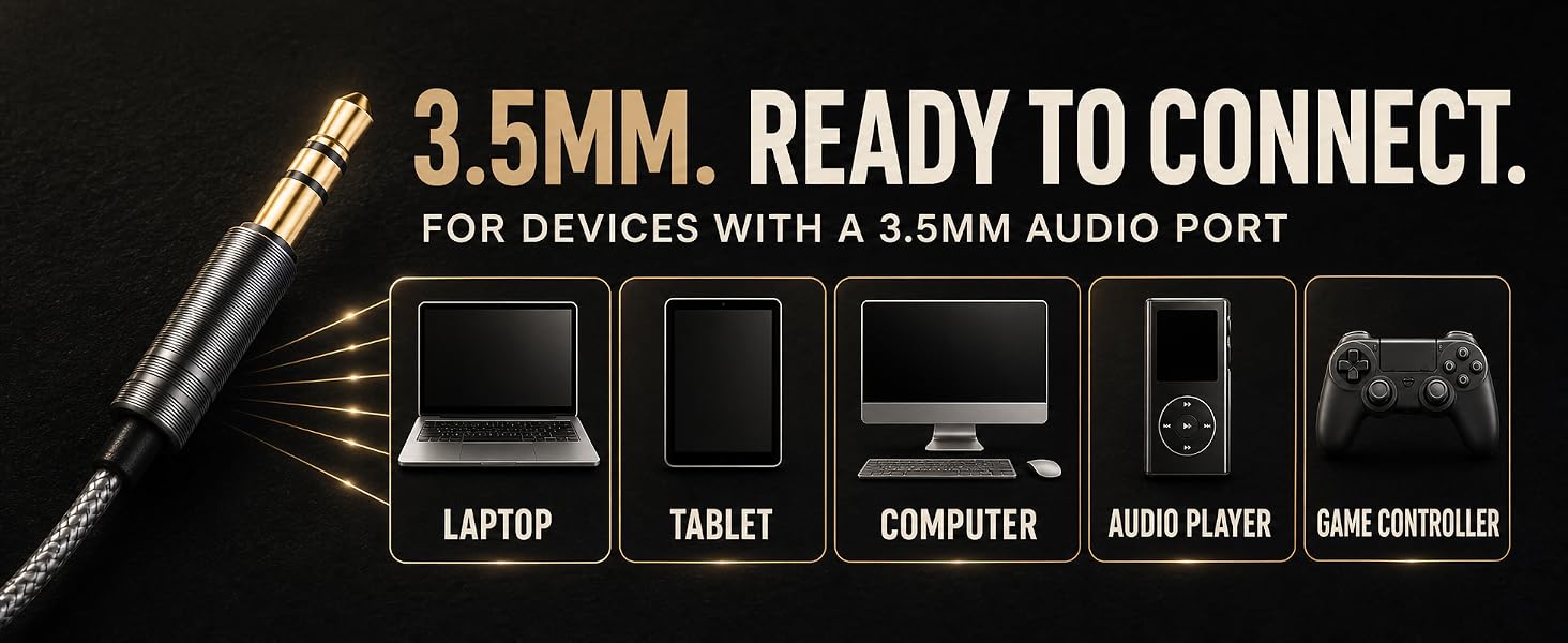 Gold-plated 3.5mm jack connecting to laptop, tablet, computer, MP3 player, and controller.