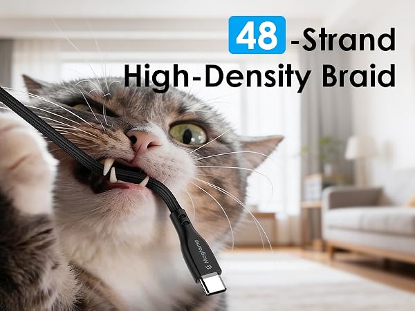 Text reads '48-Strand High-Density Braid'. Cat playing with black braided cord toy showing interactive engagement, featuring high-density 48-strand braided design.
