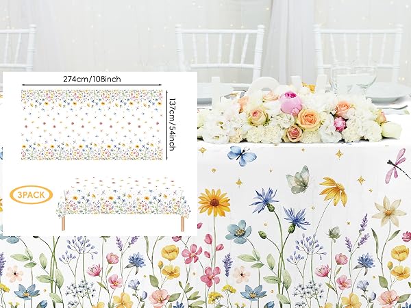 3-Piece 54 x 108 Inch Spring Floral Plastic Tablecloth