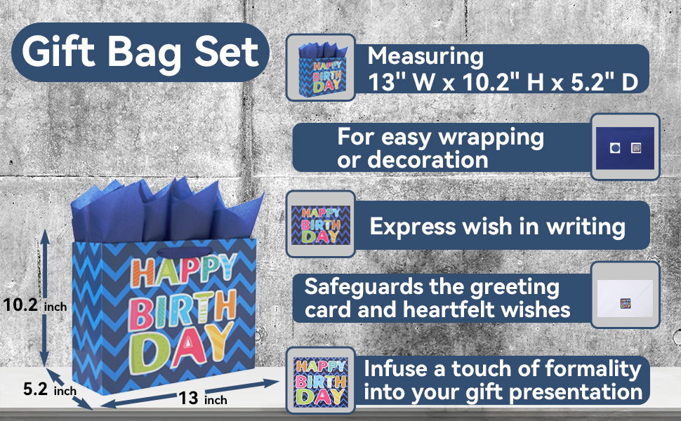 13‘’ Large Blue Laser Foil Happy Birthday' Border Gift Bag Set