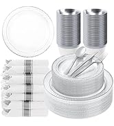 Bestluck 350PCS Clear Plastic Plates with Silver Trim for 50 Guests, Disposable Dinnerware Set fo...