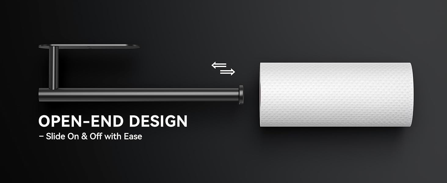 Open-end black paper towel holder with easy slide-on roll replacement design