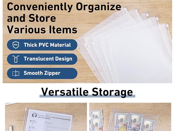 Clear Letter Size Binder Pockets 3 Ring Binder Zipper Pouch Document Organizer