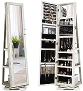 CHARMAID 360° Rotating Jewelry Armoire with Higher Full Length Mirror, Standing Lockable Jewelry ...