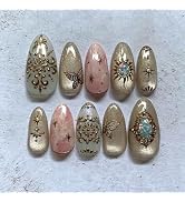 30Pcs Bohemian Press On Nails Medium Almond Vintage Gold Fake Nails with Embossed Star Sun Butter...