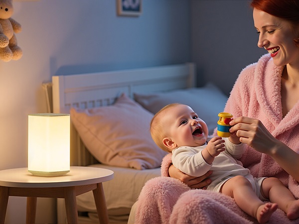Eye-friendly nursery lamp providing warm glow for mom and baby playing together.