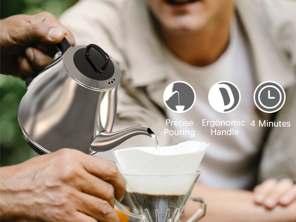 precise pouring, ergonomic handle, 4 minutes to boil a pot of water
