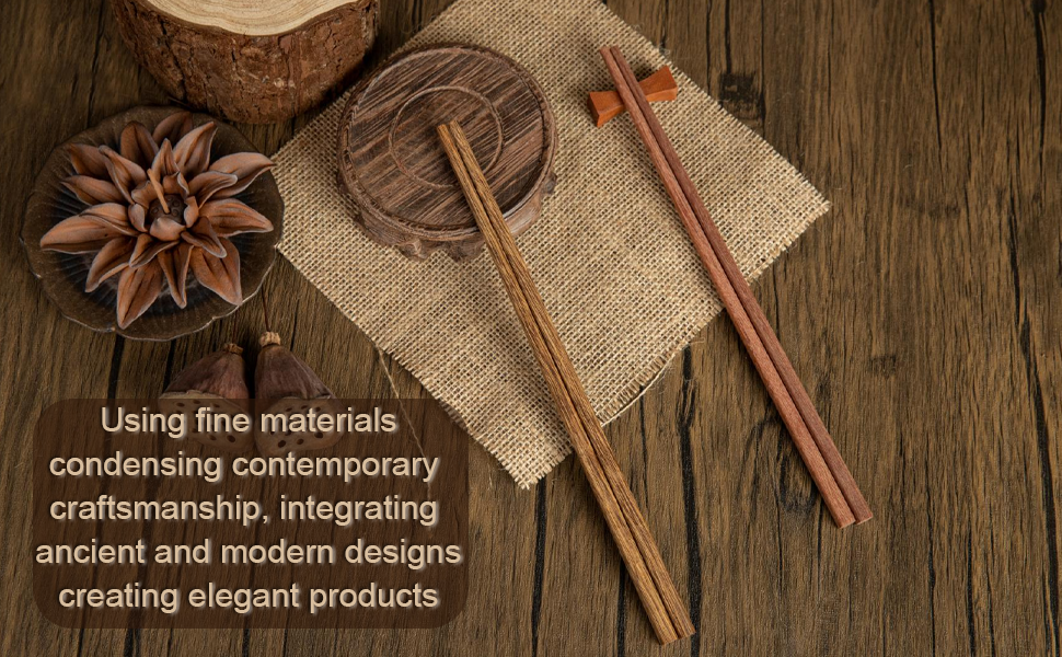 Text reads: 'Using fine materials, condensing contemporary craftsmanship, integrating ancient and modern designs, creating elegant products'. Image shows wooden items on burlap background.