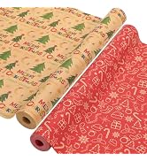 AhfuLife 2 Rolls Christmas Wrapping Paper - 17 Inch × 49.2 Ft Per Roll, Recyclable Red Kraft Xmas...