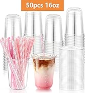 KesaPlan 50 Pack 16oz Clear Plastic Cups with Lids & Pink Paper Straws, Disposable Round Bottom C...