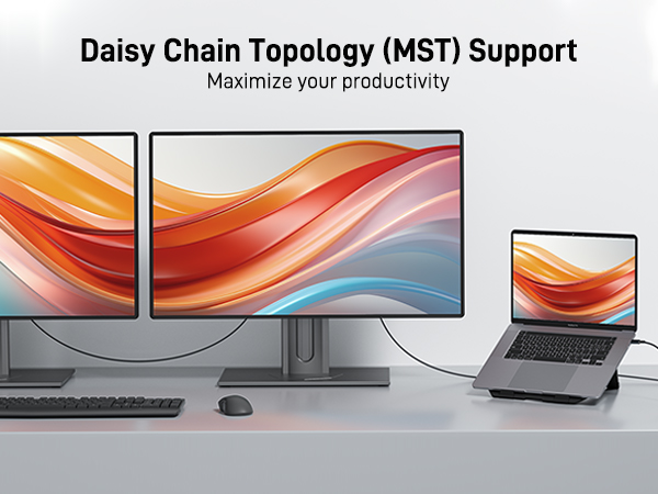 Daisy Chain Topology (MST) Support setup with two monitors, a laptop, and a keyboard, demonstrating multi-screen productivity configuration.