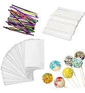Eiahonen 300 PCS Cake Pop Sticks and Wrappers Kit, Including 100ct 4-inch Papery Lollipop Treat S...
