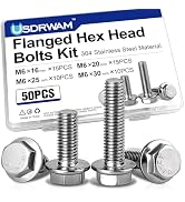 50PCS M6-1.0 Flange Bolt Assortment, Stainless Steel, 4 Sizes | Full thread, Hex flange head, for...