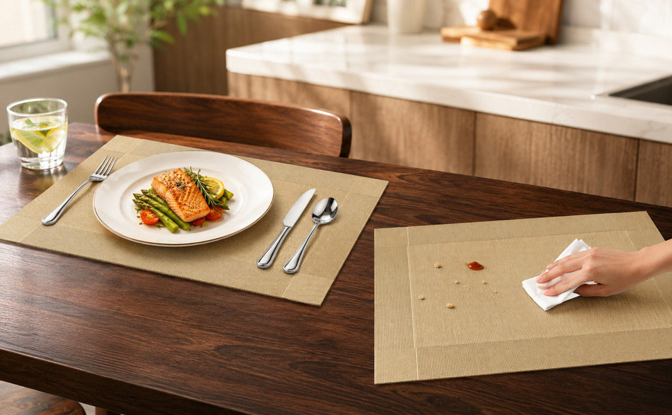 Gold woven placemats beneath dinnerware and being wiped after a meal