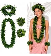 Housoutil Hawaiian Green Leaf Leis Set, Green Hawaiian Party Garland, Tropical Hula Dance Accesso...
