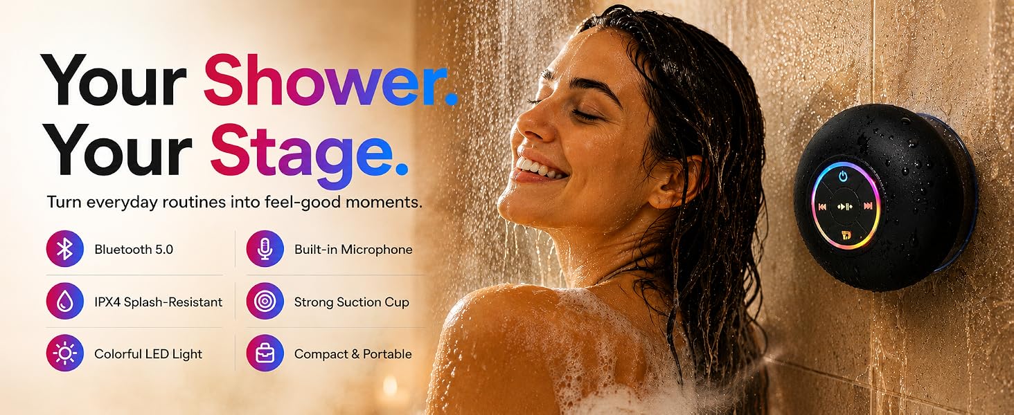 Water-resistant Bluetooth shower speaker LED light, portable desig for bathroom music.