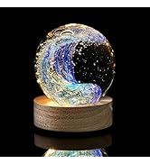 LOULIQIGIFT Hand Blown Glass Ocean Waves Ball 2.36in Crystal Ball with Wooden Light Base Sea Glas...