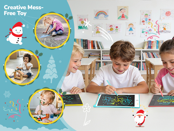 Electronic drawing tablet for children. Girl using blue stylus on white tablet. dust-free, mess-free