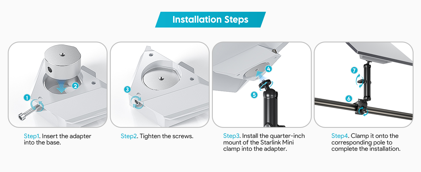Instructional diagram showing step-by-step assembly process with blue icons and arrows indicating installation sequence for equipment.