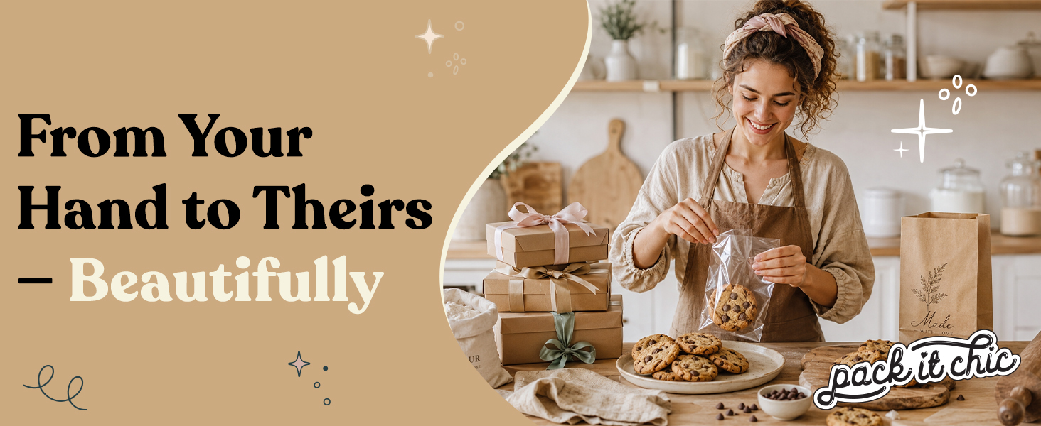 Baker sealing a cookie in a clear Pack It Chic self-seal cello bag in a kitchen with gift boxes