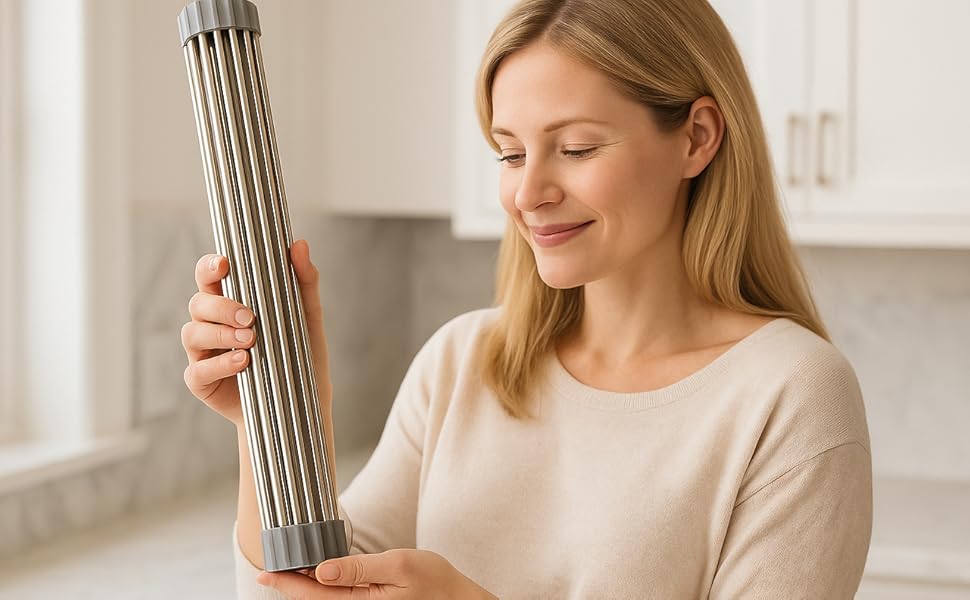 Woman holding a roll-up kitchen mat over the sink